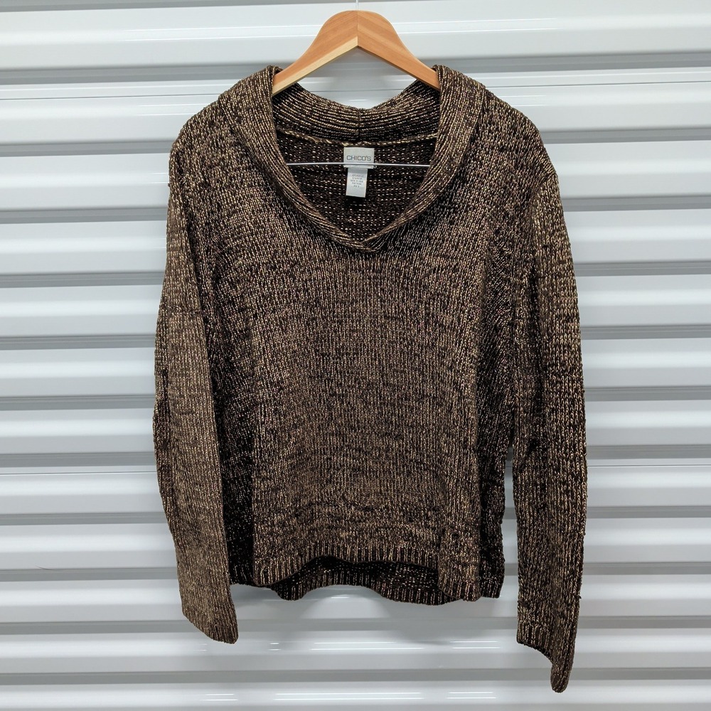 Chico's Size 3 Women Metallic Bronze Brown Marled Shawl Collar Sweater Pullover — photo 2